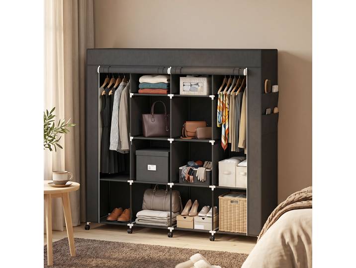 HOMCOM Armoire Tissu Noir 10 Compartiments 10 Roulettes Penderie