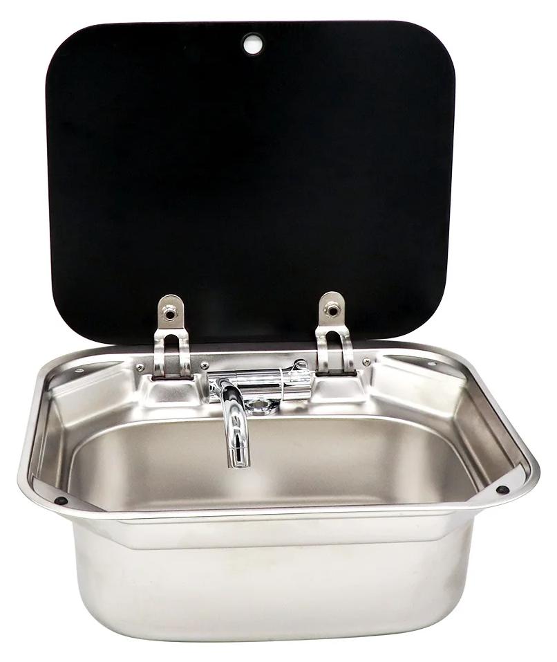Einbau Spülbecken 304 Edelstahl - Wohnmobil Wohnwagen Boot Spüle - Deckel - Faltbarer Wasserhahn - Gerader Ablauf