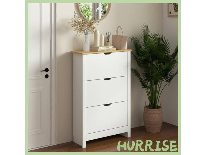 Cocosity Armoire À Chaussures 3 Portes Abattantes 2 Compartiments Panneaux Particules Blanc Chêne
