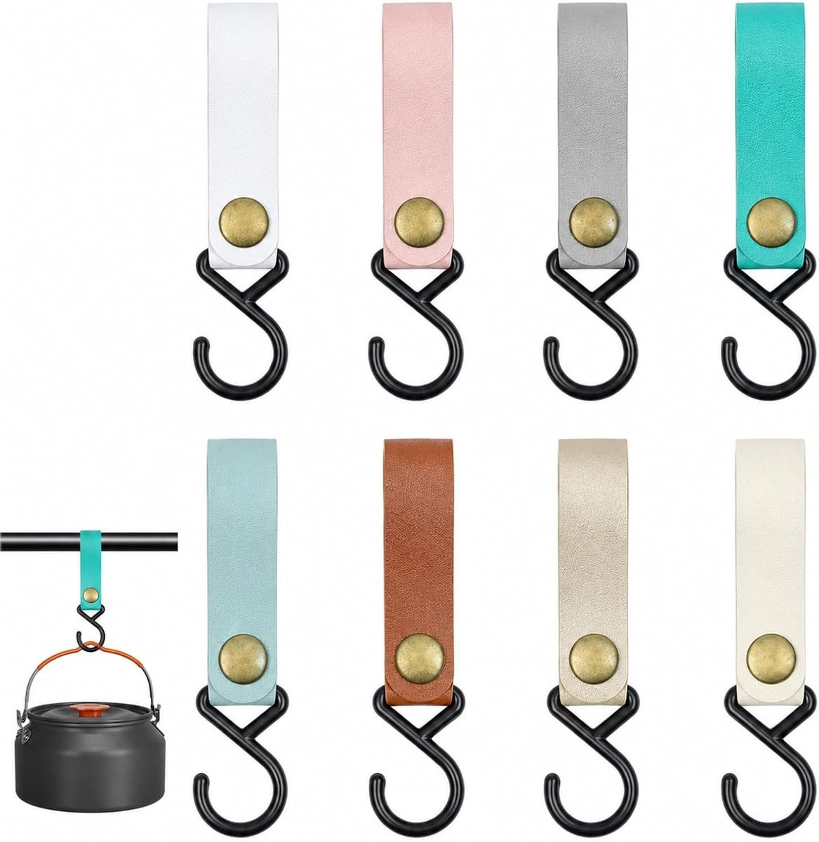Set van 8 multifunctionele S-haken met leren lussen voor kleding en accessoires