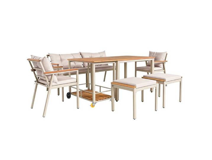 VLIVRA Salon de Jardin avec 1 Canapé 2 Places 2 Fauteuils 2 Tabourets 1 Table et 1 Desserte Amovible - Bois d'Acacia - Beige