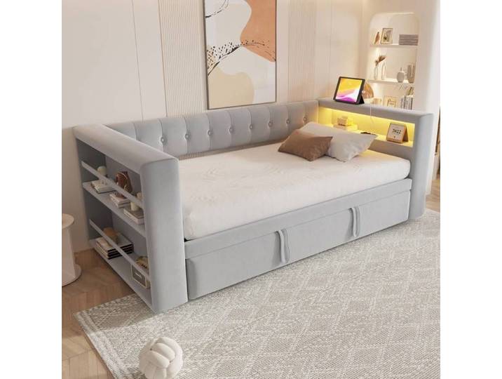 Lit rembourré 90x180x190 cm led prises grand rangement canapé-lit moderne