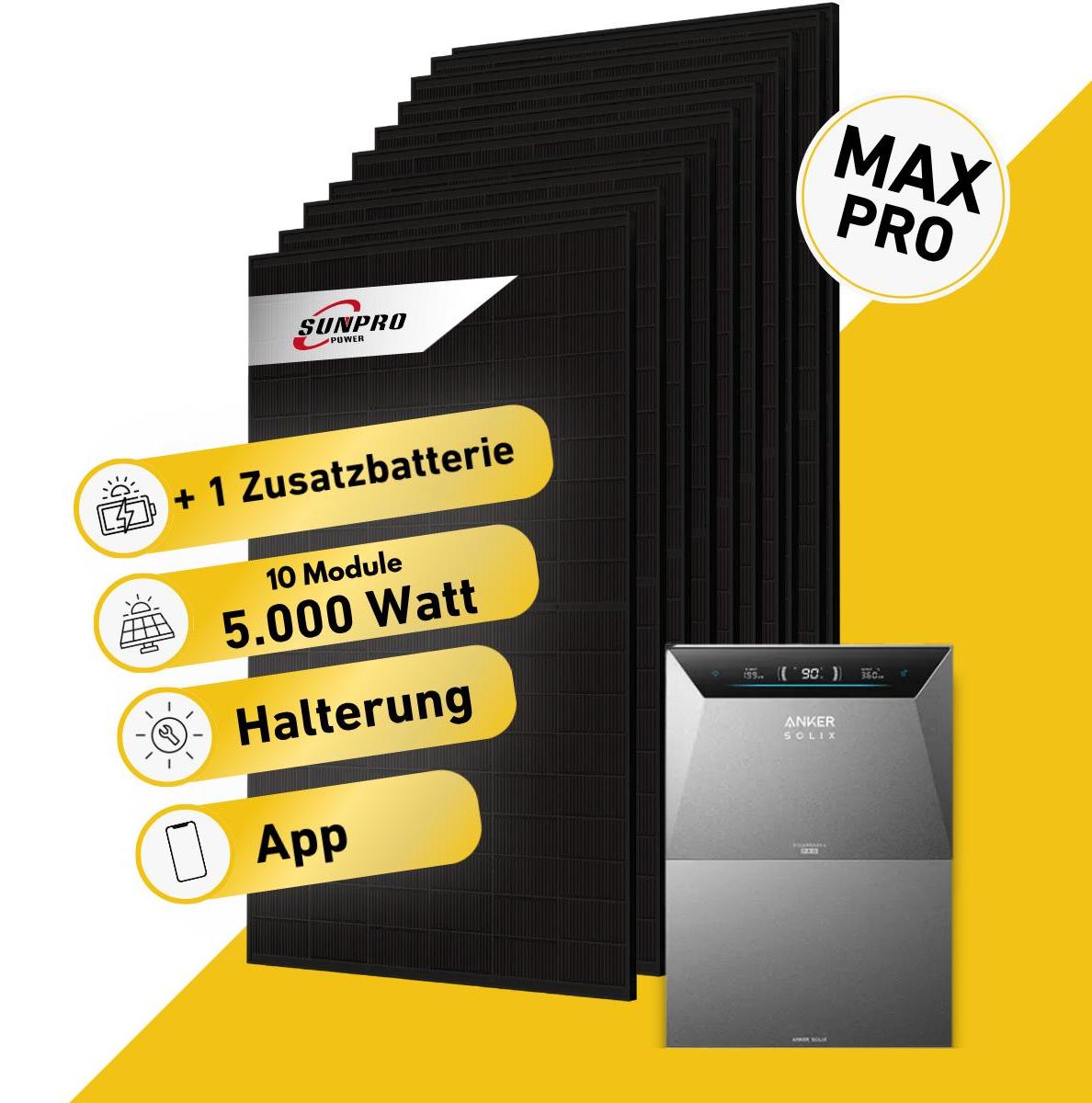 Balkonstrom Balkonkraftwerk 5000W mit Speicher | 1xZusatzspeicher | Fassadenhalterung 90 Grad | 10xSolarmodul Bifazial | Anker Solix 4 Pro |Kabel 15m