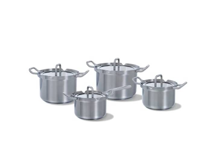 BK Q-Linair Master Glas Edelstahl Induktion kompatibel 4 Stück Kochgeschirr Töpfe und Pfannen Set mit Glas Siebdeckel, Backofen sicher bis 220C, Stay Cool Griffe, spülmaschinenfest, PFAS frei, Silber