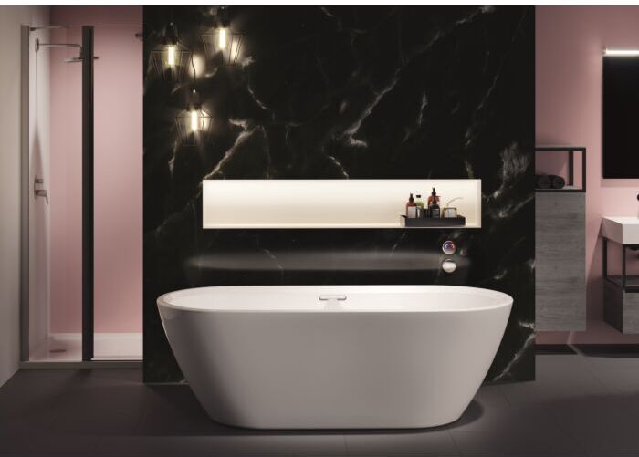 RIHO Sanitär GmbH Riho Inspire freistehende Badewanne B085004005 180 x 80 cm, weiß, mit Füllfunktion RihoFall chrom