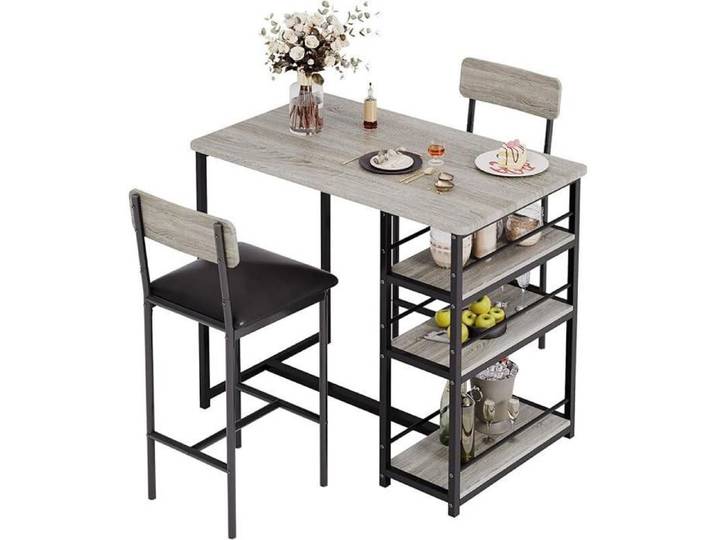 Ensemble bar 3 pièces 2 tabourets étagère acier gris petite cuisine