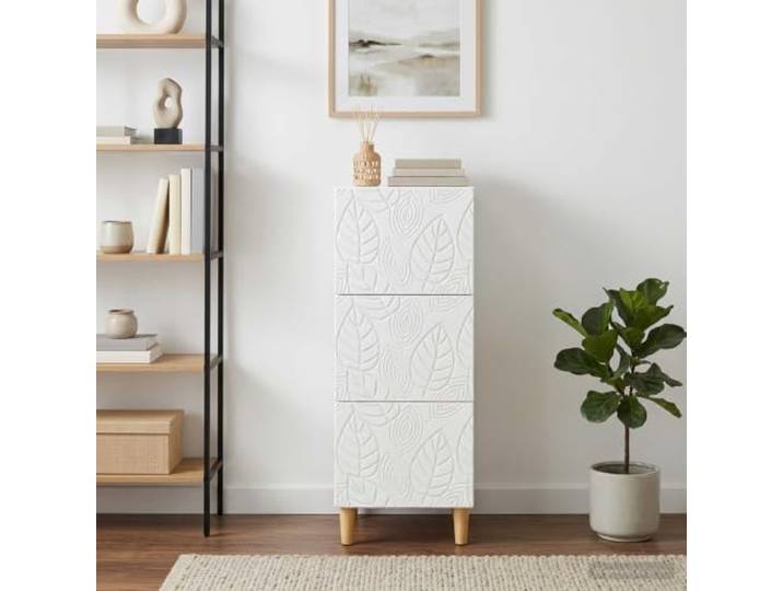 KGHFDVB Schubladenschrank 33 x 34,5 x 90 cm Holzwerkstoff Weiß Mit Eukalyptusbeinen, Viel Stauraum, Für Wohnzimmer, Flur, Einfache Pflege