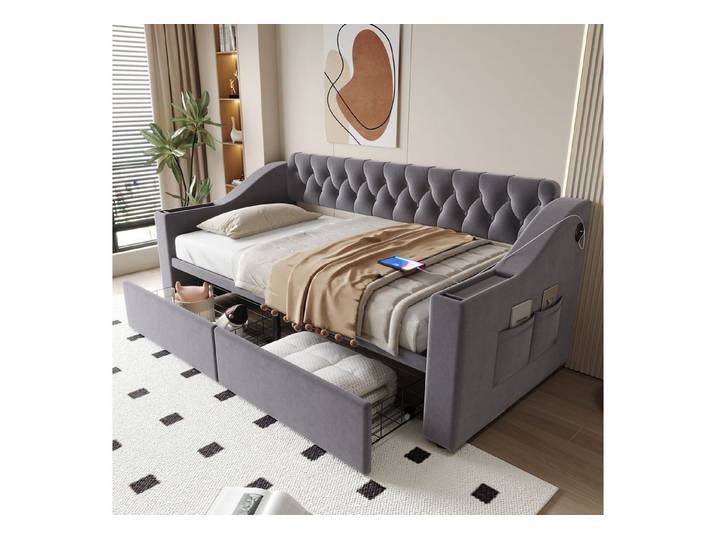 MODFU Schlafsofa aus Samt, dickere Armlehnen mit USB-Ladefunktion, mit USB-Ladeanschluss, breiten Armlehnen & Stauraumschubladen, ohne Matratze, 190x200 cm
