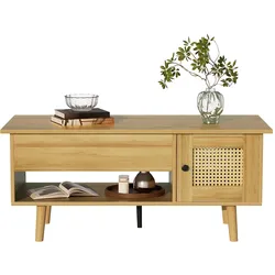 OKWISH Kompakter Couchtisch mit anhebbbarer Tischplatte und Rattan-Imitat-Türen, Multifunktionaler Wohnzimmertisch, 103x50x46/60 cm, Holzfarbe + Schwarz