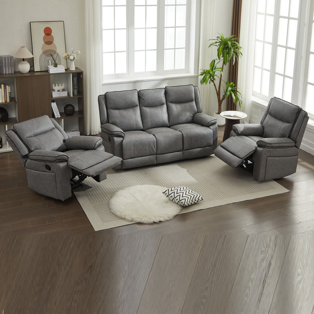 17 Stories 1 Fabric Reclining Living Room Set Gray 1