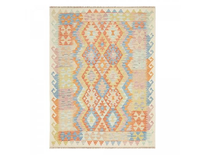 Tapis Kilim 128 X 173 Cm\, Motif Géométrique\, Multicolore Bleu Et Orange\, En Laine Naturelle\, Artisanat Pakistanais