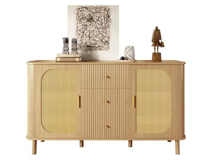 Buffet avec tiroirs étagères et pieds en métal aspect bois multifonctionnel meuble de salon moderne