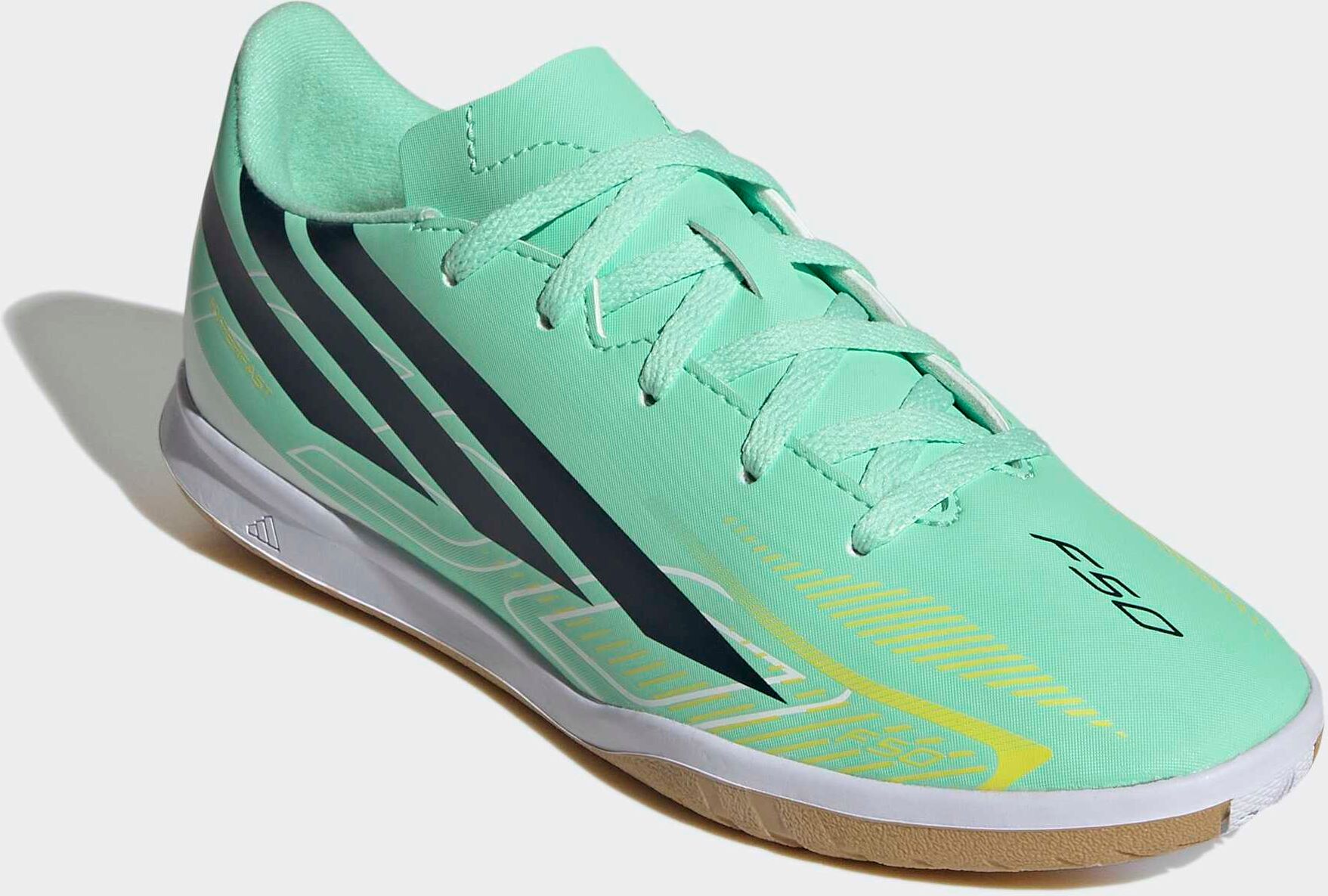 Fußballschuh ADIDAS PERFORMANCE "F50 HYPERFAST CLUB KIDS", Kinder, Gr. 30, grün (pulse mint, night navy, solar lemon), Synthetik, Schuhe Fußballschuh, für Hallenboden