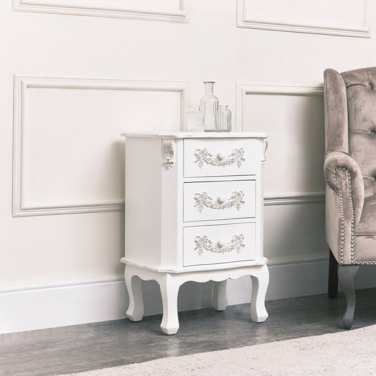 Antique White 3 Drawer Bedside Table - Pays Blanc Range Wood
