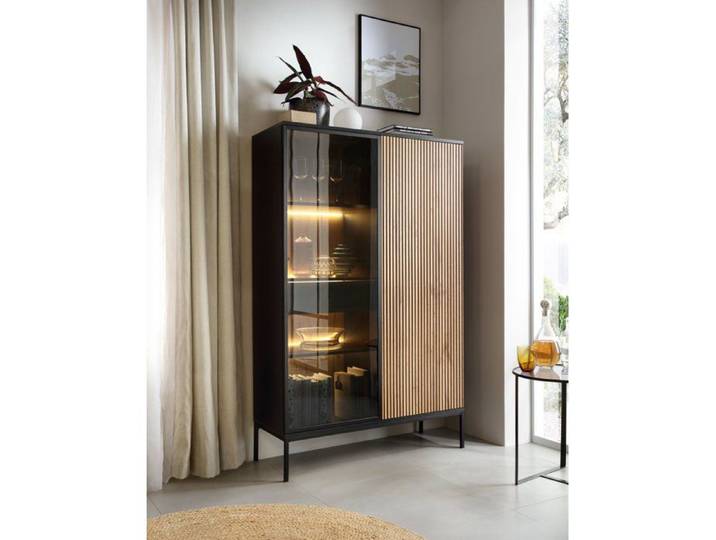 Vitrine haute - TOSENA - 2 portes avec tiroir et éclairage LED - Noir/Chêne Wotan