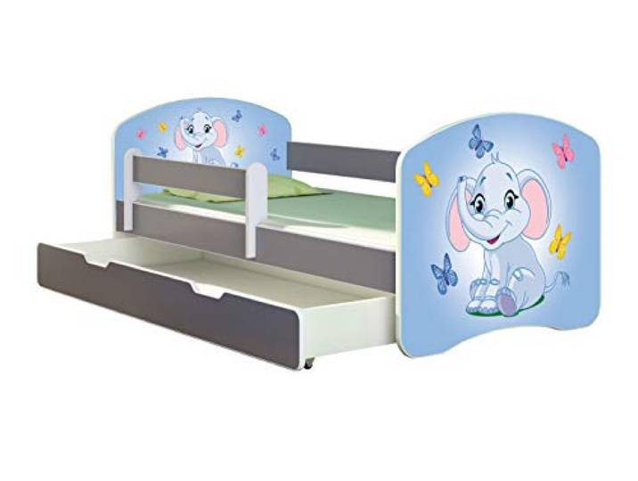 ACMA Kinderbett Jugendbett mit Einer Schublade und Matratze Grau mit Rausfallschutz Lattenrost II Spielbett Kinderzimmer Möbel (26 Elefant, 180x80 + Bettkasten)