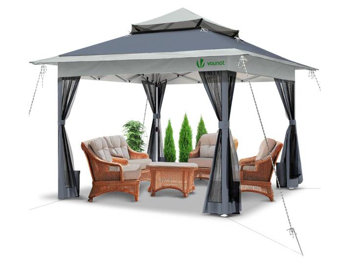 VOUNOT® Pavillon 3\,6 x 3\,6 m\, tente de réception pop-up avec parois en filet et double toit\, pavillon pliable gris
