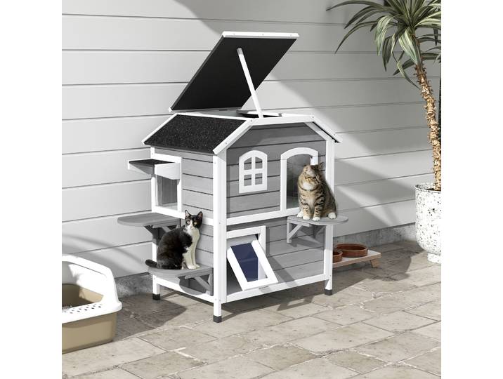 PawHut Maison Extérieur pour Chat Abri Extérieur en Bois pour Chats Errants 2 Étages Toit Ouvrant Bitumé 99,5x76x91cm Gris