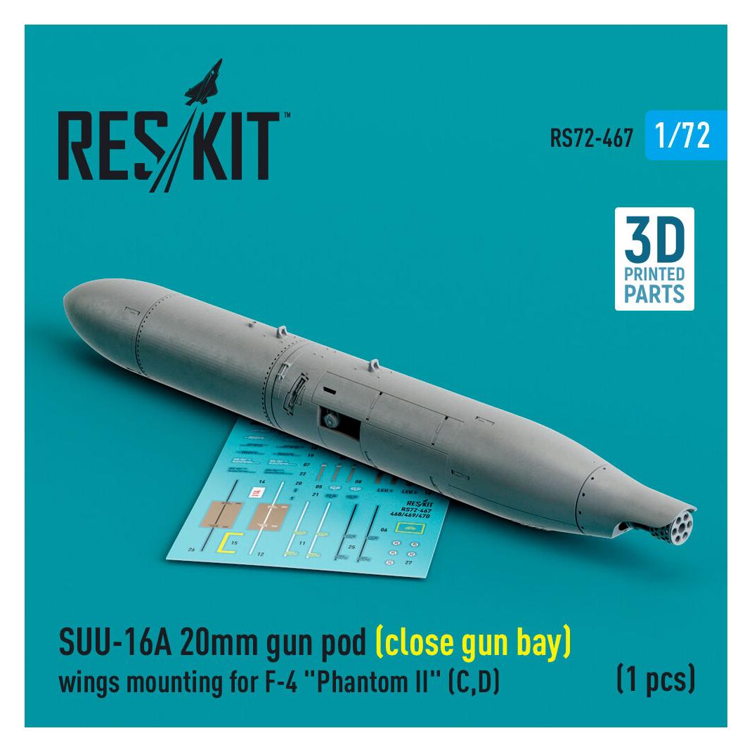ResKit SUU-16A 20mm gun pod (close gun bay) wings mounting for F-4 Phantom II (C,D) (1 pcs) (3D Printed) (RS72-0467)