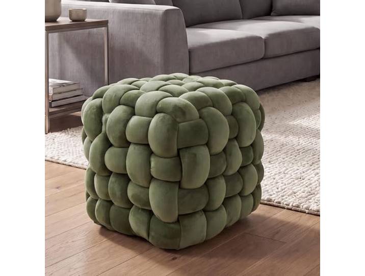 Mendler Hocker HWC-Q48 Samt (220g/m²) 39cm - grün Sitzhocker, Ottomane, Polsterhocker, Knoten-Pouf