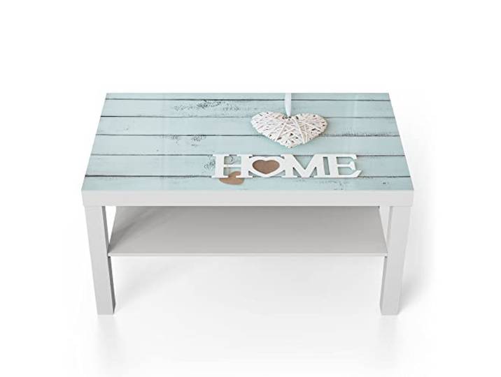 DEQORI Glastisch weiß groß 90x50 cm Motiv Holzschrift HOME ausgefallener Beistelltisch aus Glas Hochglanz Couchtisch fürs Wohnzimmer moderner Couch Tisch mit Design