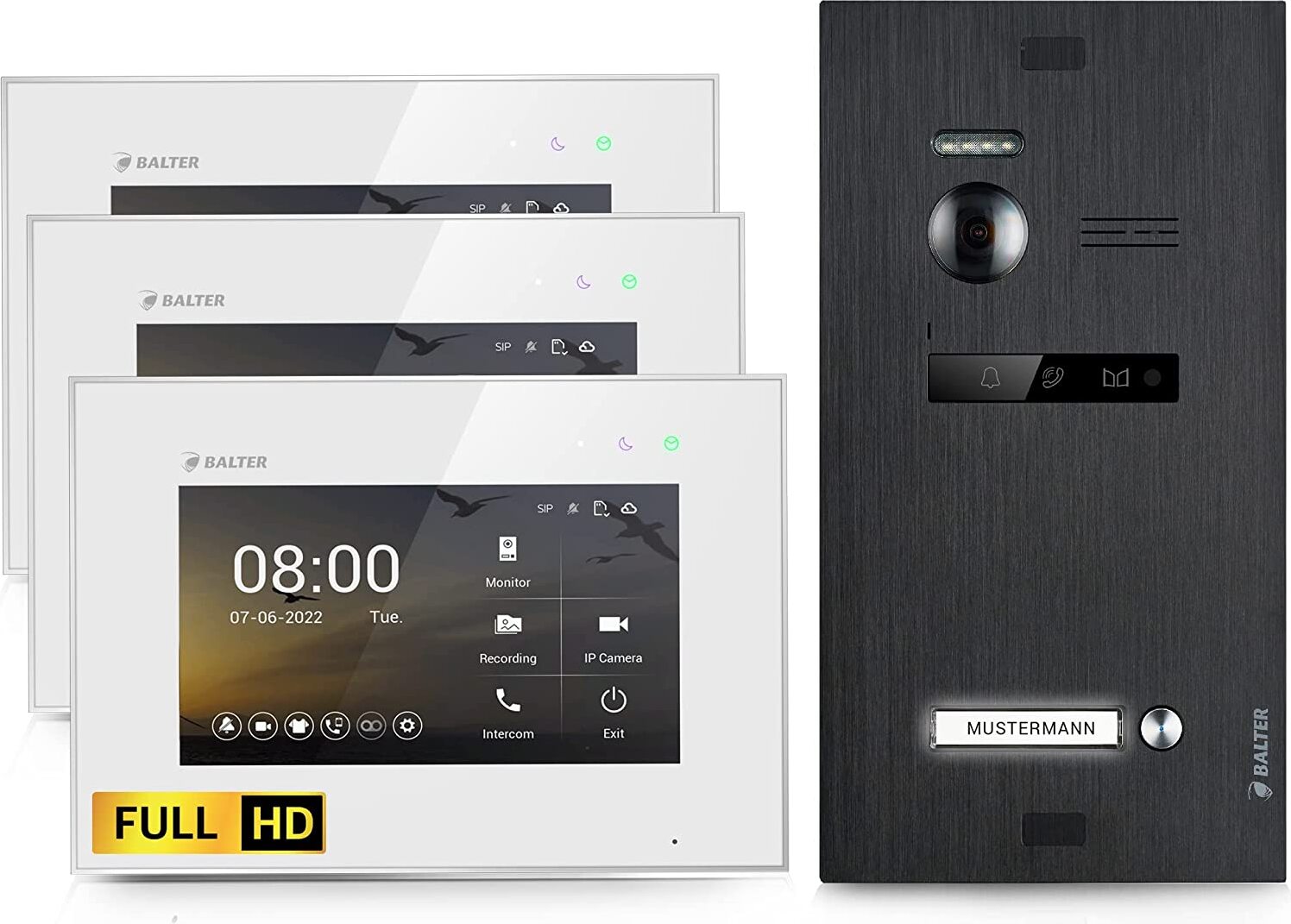 HD Video Türsprechanlage für 1 Familienhaus, 3x Monitore, Balter EVO HD Schwarz