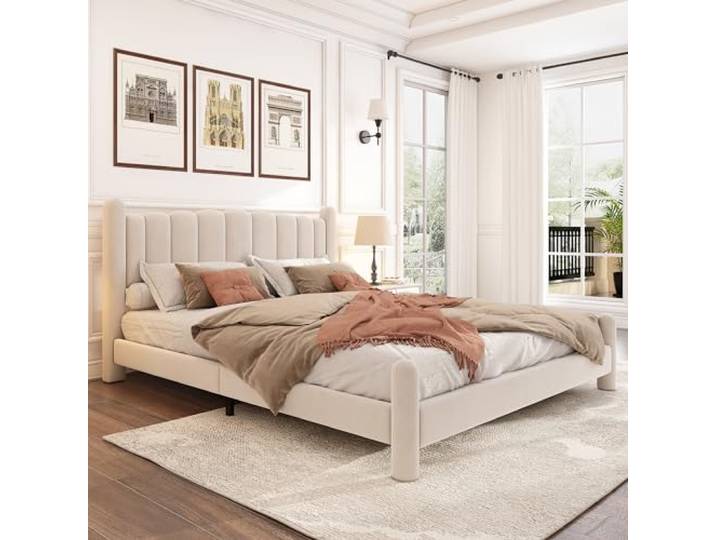 Moimhear Gepolstertes Doppelbett, mit Lattenrost und Kopfteil, stilvolles Kopfteil mit Wellenschliff, zylindrische Stützfüße, Samt, Jugendbett, Erwachsenenbett, beige (180 * 200cm)