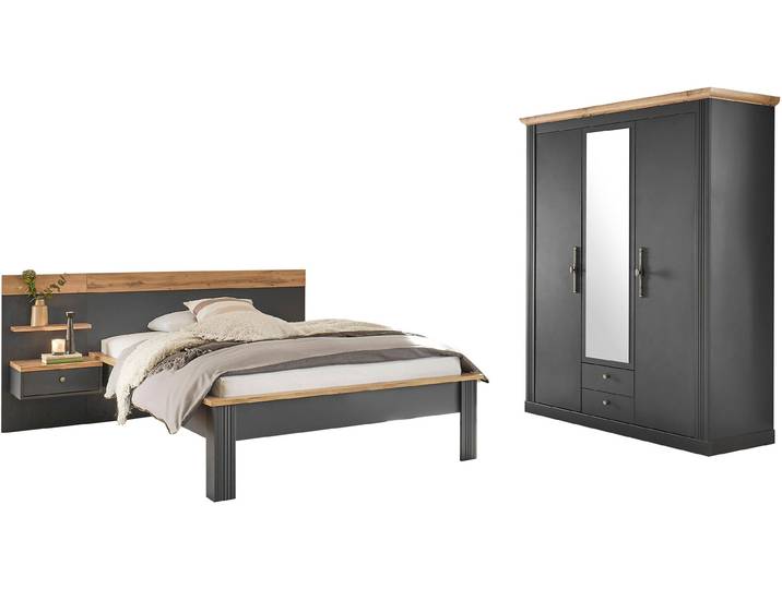 Schlafzimmer-Set OTTO HOME Westminster , grau, B/H: 140cm x 200cm, Schlafzimmermöbel-Sets, Schlafzimmer-Set, beinhaltet 1 Bett, Kleiderschrank 3-türig und 1 Wandpaneel