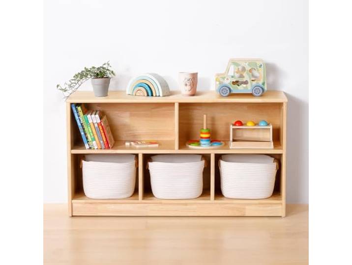 OOOK Gummiholz Kinderregal Spielzeugschrank, Bücherregal, 110 x 30 x 60 cm Mehrere Fächer, Glatte Abgerundete Kanten, Einfache Montage, Spielzeugregal für Kinderzimmer, Spielzimmer und Kindergarten