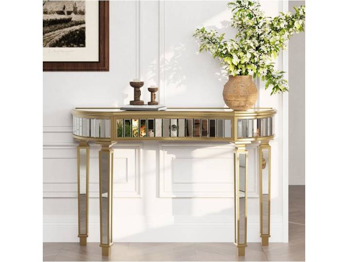 Table console demi-lune miroir AESVAR 120 cm 1 tiroir MDF et verre doré et argent