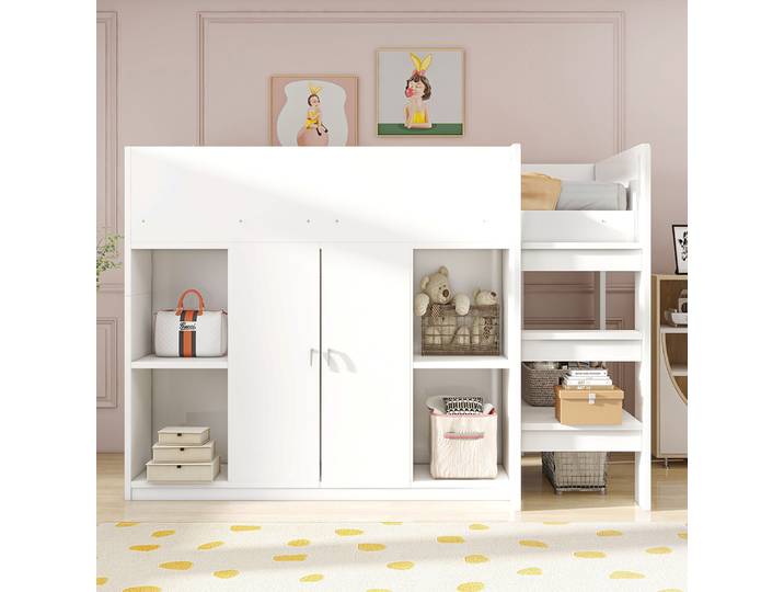 KOMHTOM Lit mezzanine multifonctionnel 90x200cm avec rangement, armoire et étagères