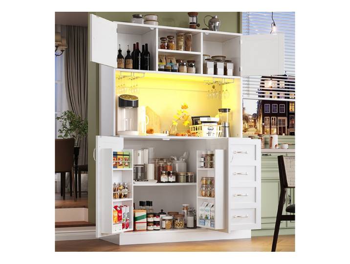 STILVORA Highboard Küchenschrank mit LED-Beleuchtung Snackregal Getränkehaltern Weiß