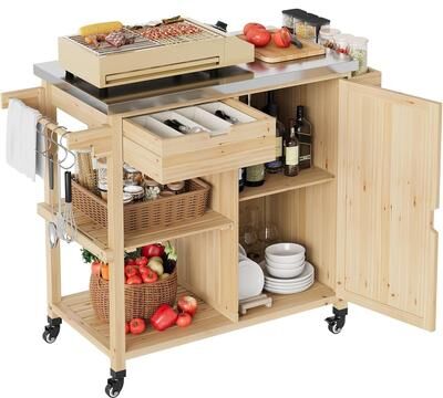 Garvee Outdoor Grill Cart with Wheels, Wood BBQ Station, Stainless Steel Top, Storage Rack for Patio
