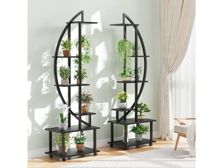 support plantes intérieur à 6 Niveaux avec roues en bois - Forme Demi-lune - Étagère à Fleurs - Décoration Jardin 55x30x170cm Noir