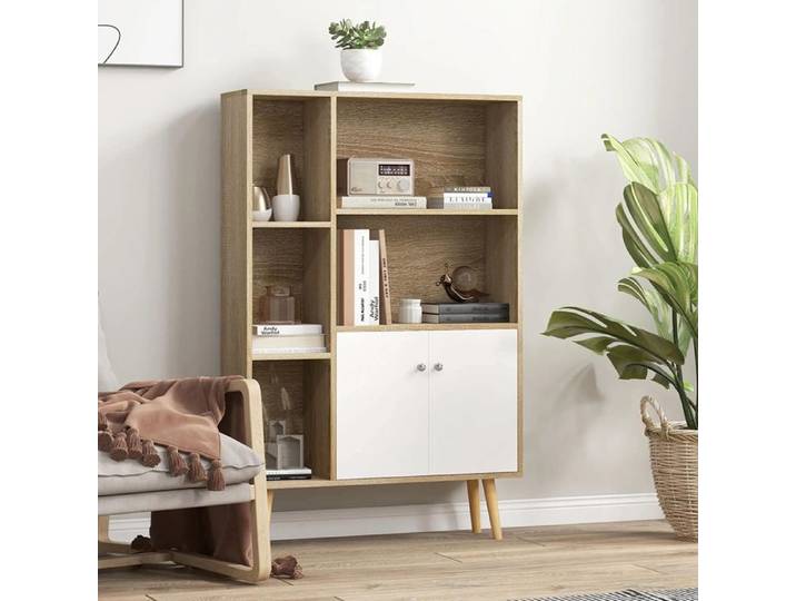 Bibliothèque scandinave 5 niches - 80 x 23 5 x 123 cm avec 2 portes