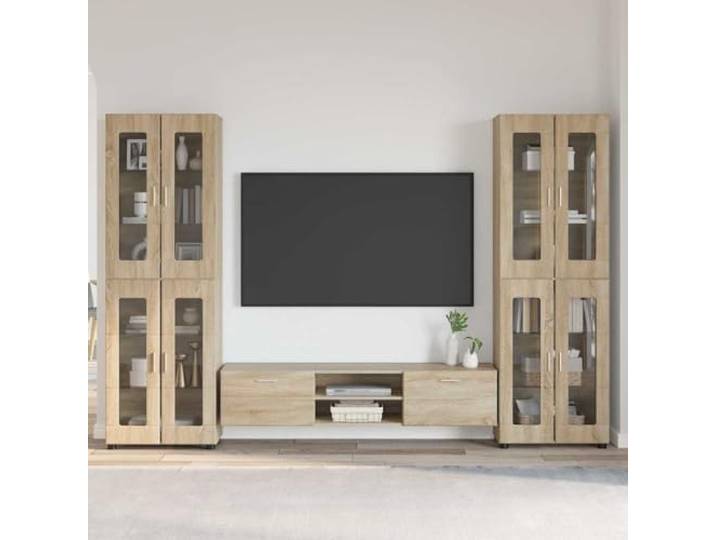 KFPOERTFGD Florin TV-Schrankset, 3-TLG. Wohnwand Sonoma-Eiche Stauraum mit 2 Schubladen, 14 Regalfächer, Modernes Design, Für Innenräume