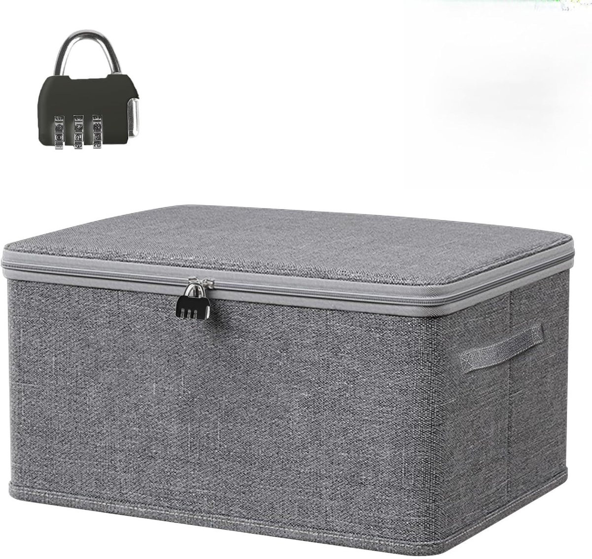 Opvouwbare en stapelbare textiele opbergdoos met deksel en cijferslot, B/D/H: 30 x 20 x 14 cm