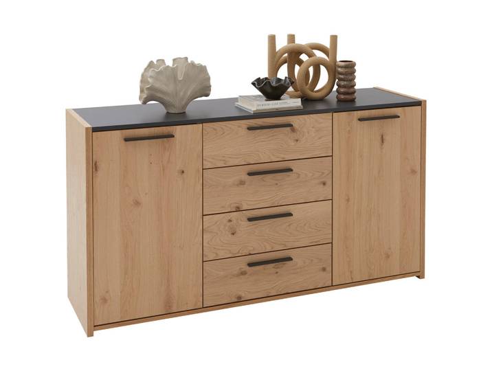 hülsta Sideboard Neva, Eiche, Anthrazit, Holz, Balkeneiche, furniert, 4 Fächer, 4 Schublade(n) Schubladen, 156.2x82.7x46 cm, Holzmöbel, Kleinmöbel Holz, Holzkommoden, Sideboards Holz