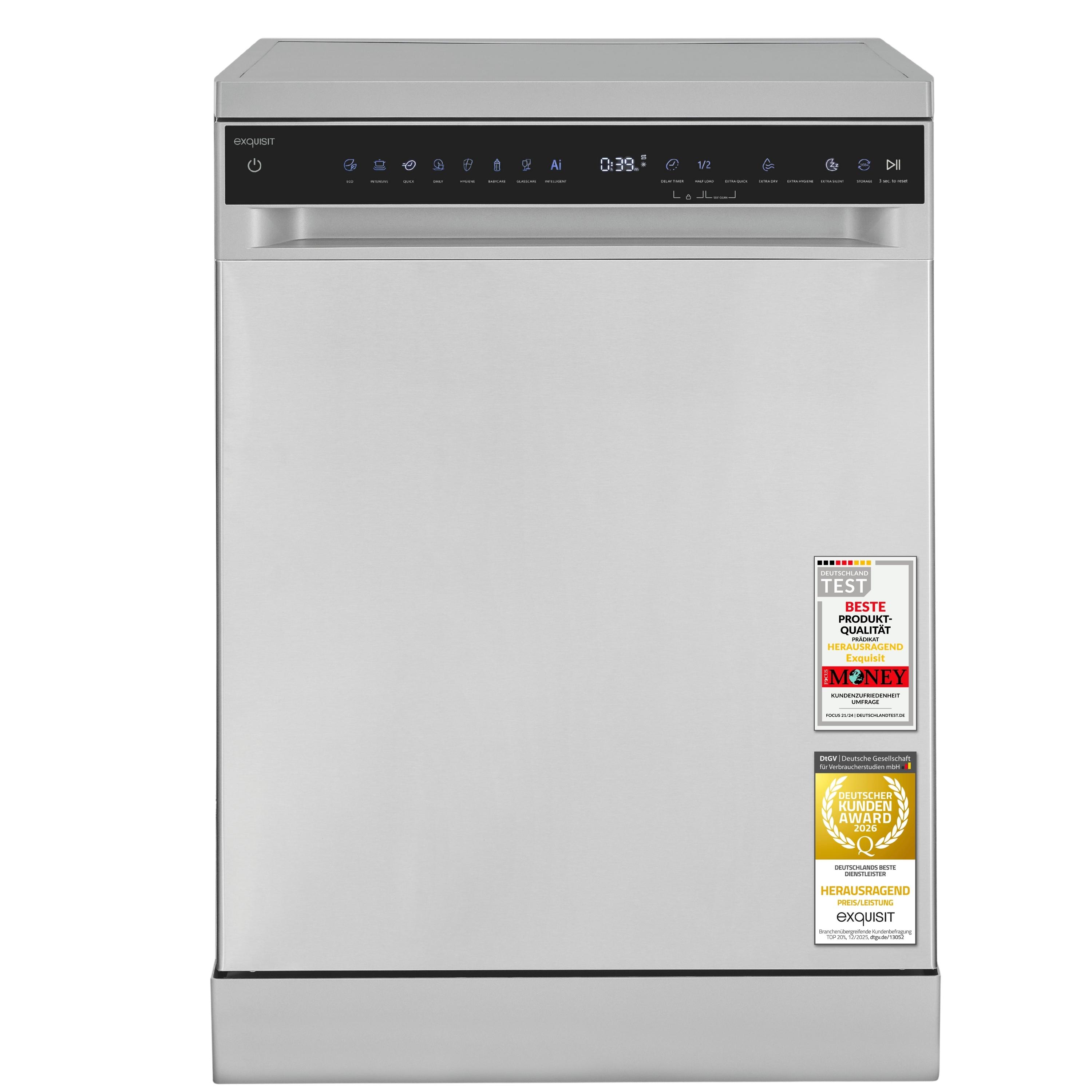 Exquisit Stand-/Unterbau-Geschirrspüler GSP9616-450B inox | 16 Maßgedecke | Energieklasse B | 45 dB | 8 Programme | Besteckschublade | Halbe Beladung