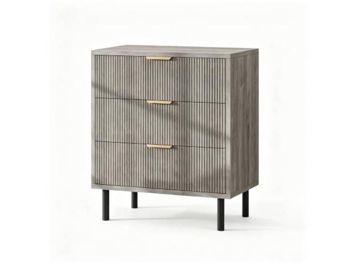 Litake Fluted Kommode mit 3 Geräumigen Schubladen – Metallbeine 70x41x76 cm Grau 3-Schubladen-Kommode mit Anti-Kippsystem, Wellenoptik, Einer Eleganten Ausstrahlung– als Nachttisch oder Sideboard