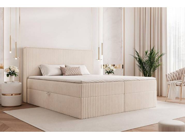 Compleo Boxbett mit zwei Bettkästen 120x200 - 200x200, Topper als Option, Cordstoff (Doppelbett mit Stauraum), Polsterbett Bonnellfederkern Matratze H3 + 3cm Topper als Option