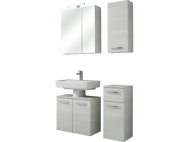 Badmöbel-Set SAPHIR Quickset 936 4-teilig, Waschbeckenunterschrank mit LED-Spiegelschrank , weiss (eiche weiß, eiche weiß), Holzwerkstoff, Kastenmöbel-Sets, Badmöbel-Set, ohne Waschbecken, inkl. Türdämpfer, 6 Türen, Griffe Chrom Glanz