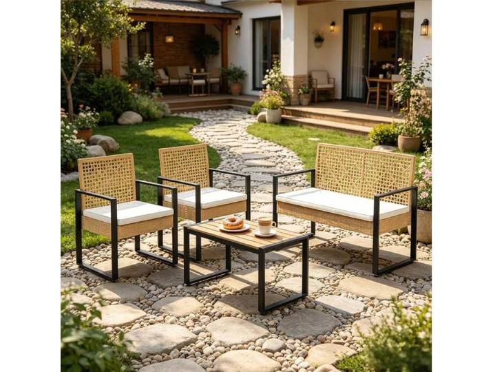 WOVREO Salon bas de jardin 4 places avec canapé 2 places 2 fauteuils et table basse imitation rotin