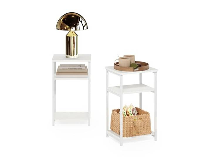 Furinno Just 3-stufiger industrieller Beistelltisch mit Metallrahmen und Ablageflächen, 2er-Pack, Weiß/Weiß