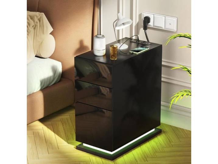 Table de chevet noire - prise euro + bande lumineuse 2m - avec 3 tiroirs 50x30x63cm-XJING