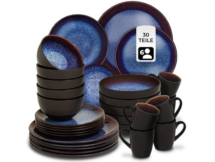 Geschirrset Mare aus Steingut, für 6 Personen - 30-tlg., blau/braun