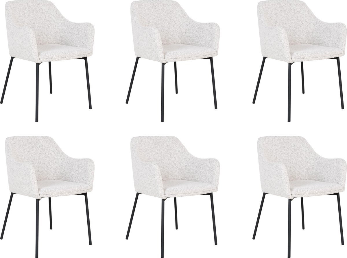 QUVIO Lima Eetkamerstoelen met Armleuning - Set van 6 - Wit Bouclé en Staal