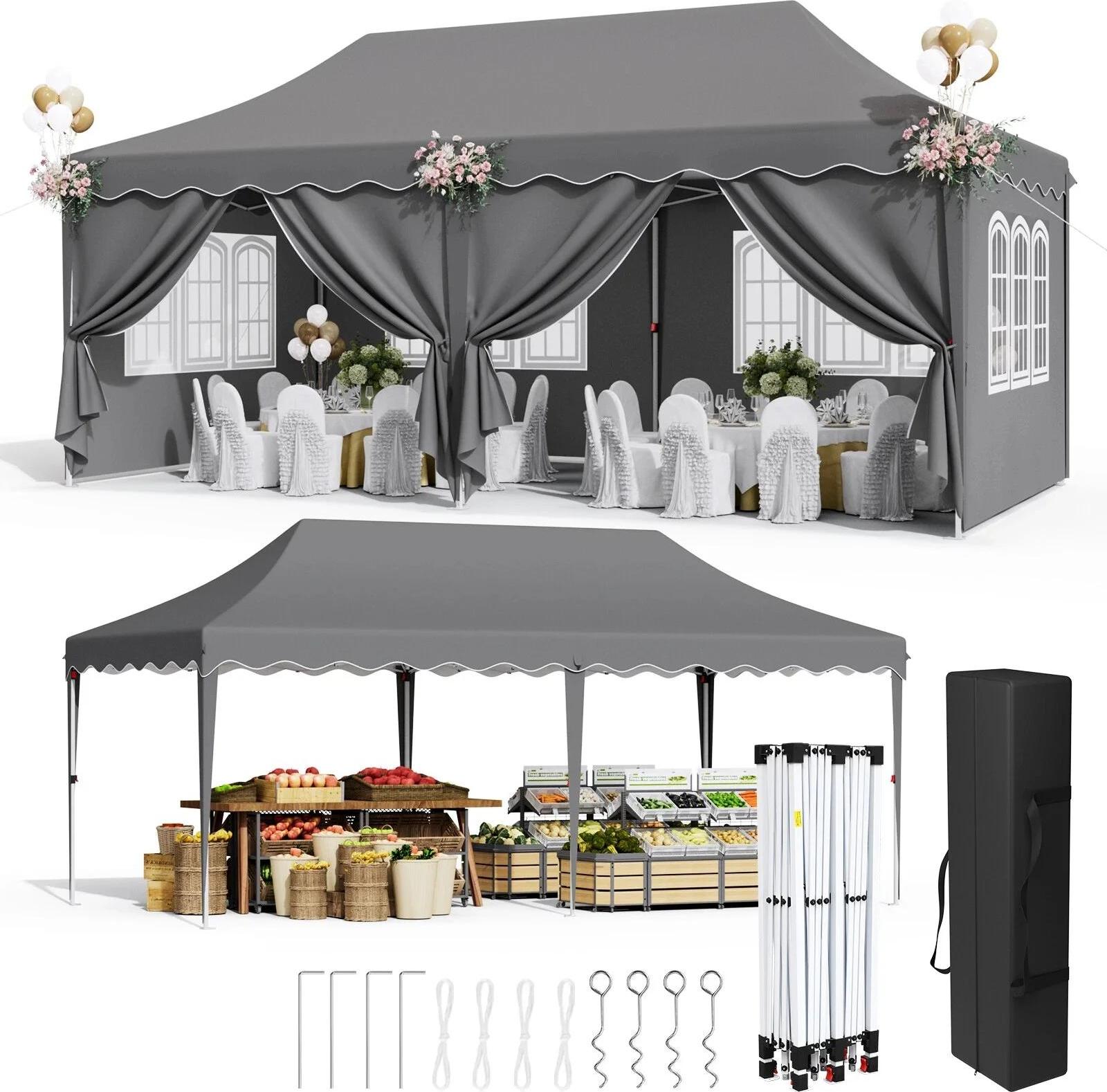Faltbares Garten-Zelt, 3x6 m, 6 Seitenwände, freistehend, Grau