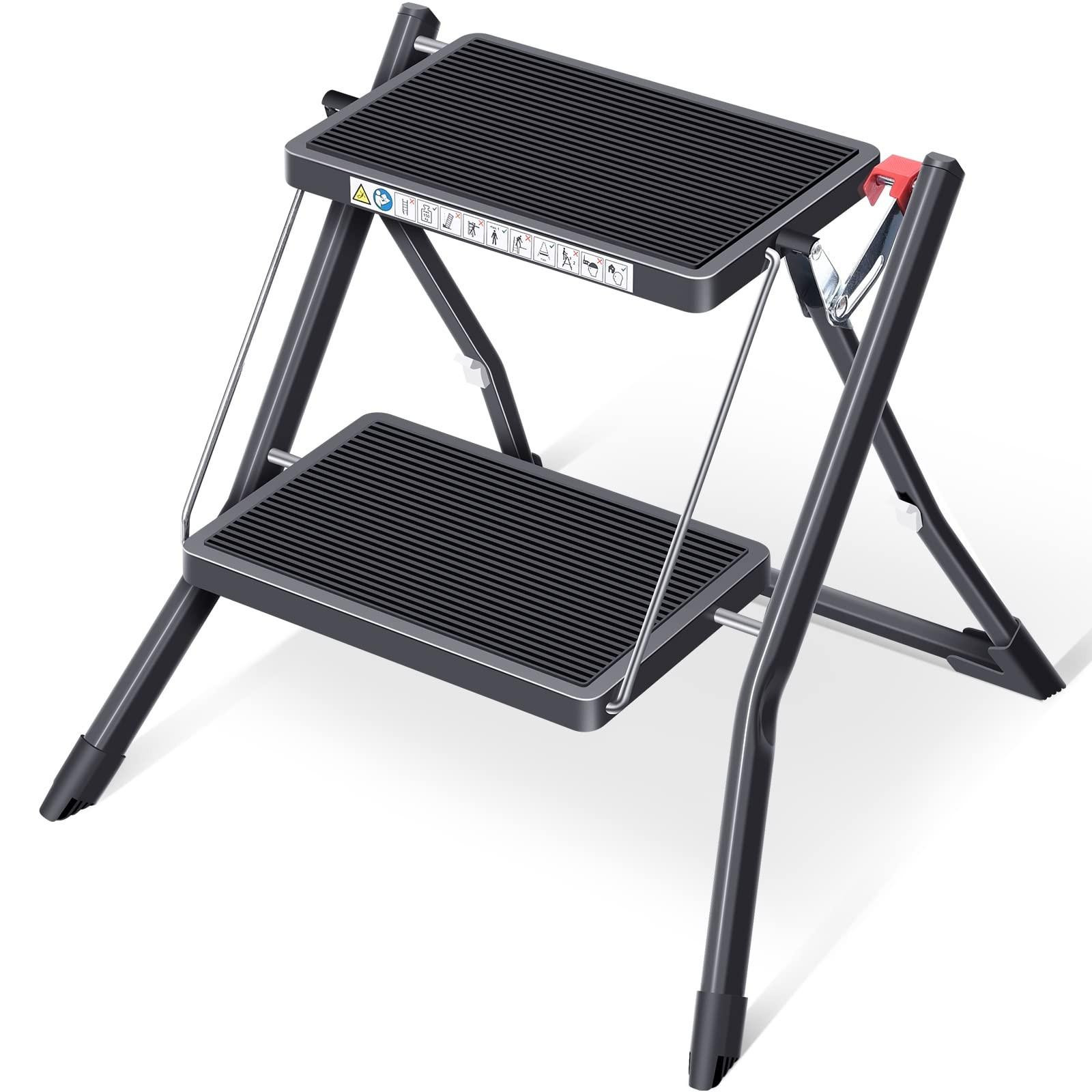 Merkloze opvouwbare stepladder met 2 treden en groot platform