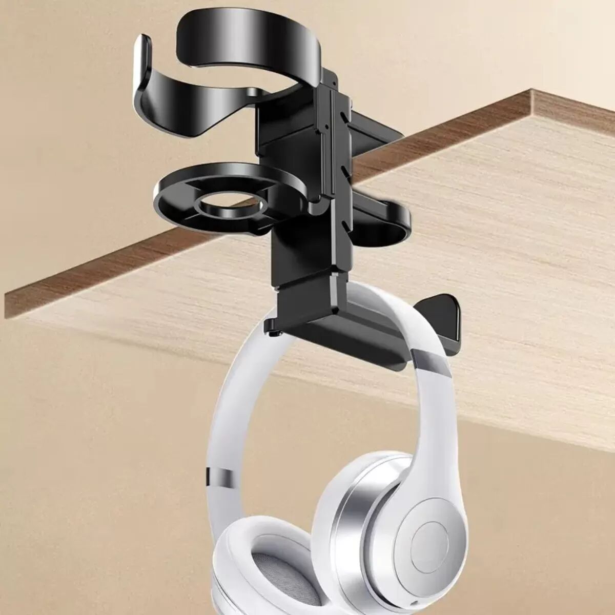 INF Tischklemme Kopfhörerständer mit Getränkehalter - 360° drehbarer Headset-Halter Schwarz